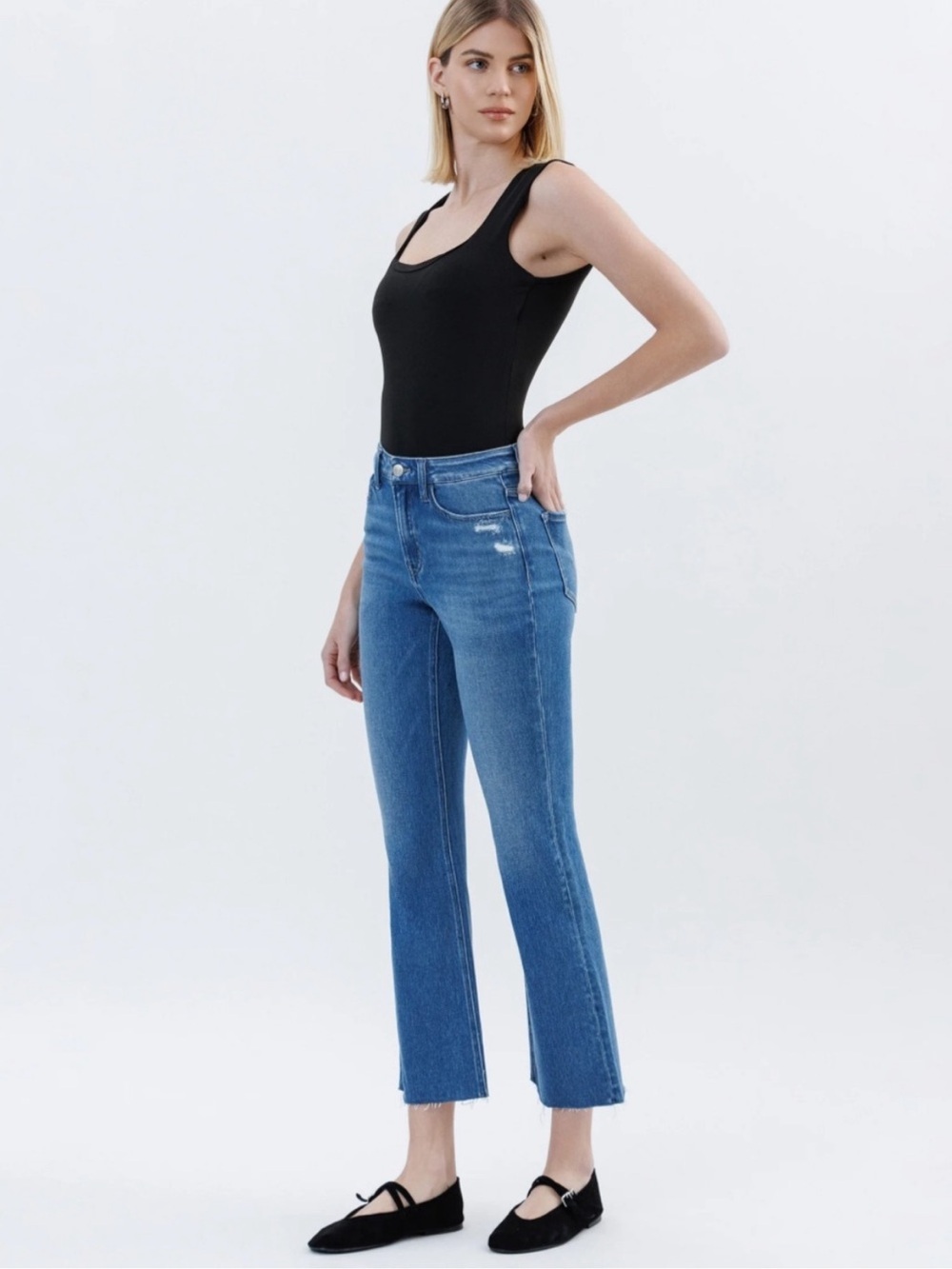 💙 Flying Monkey High Rise Straight Leg Crop Distressed Raw Hem Stretch Jeans